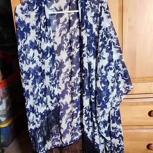 Elegant Blue Floral Women's Cape with Fringe